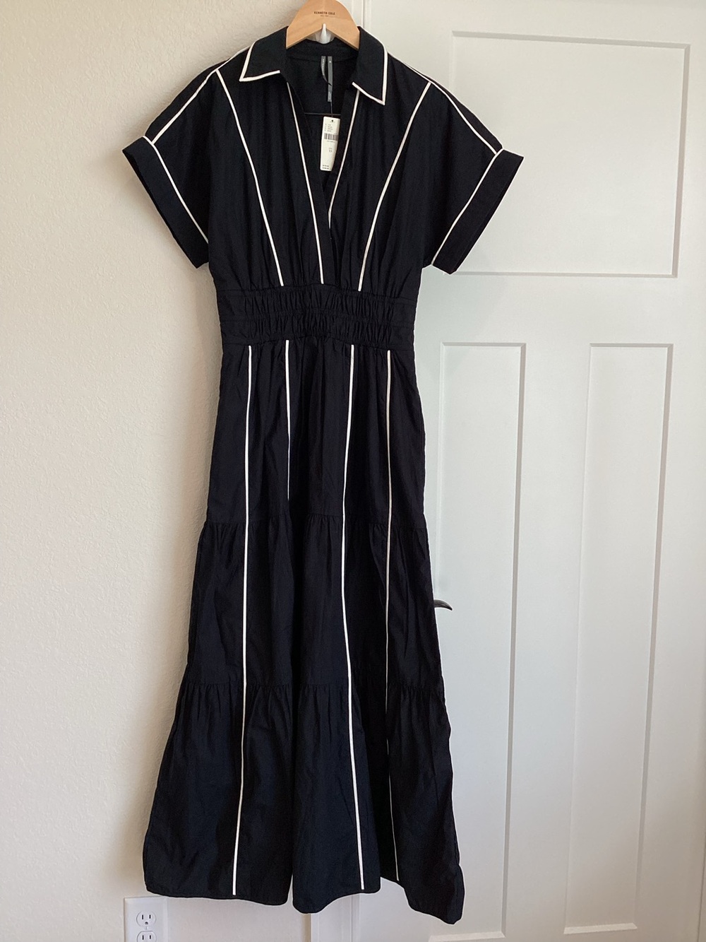 Anthropologie Somerset Dress Collared V-Neck Short-Sleeve Maxi Dress Black White - Picture 4 of 13